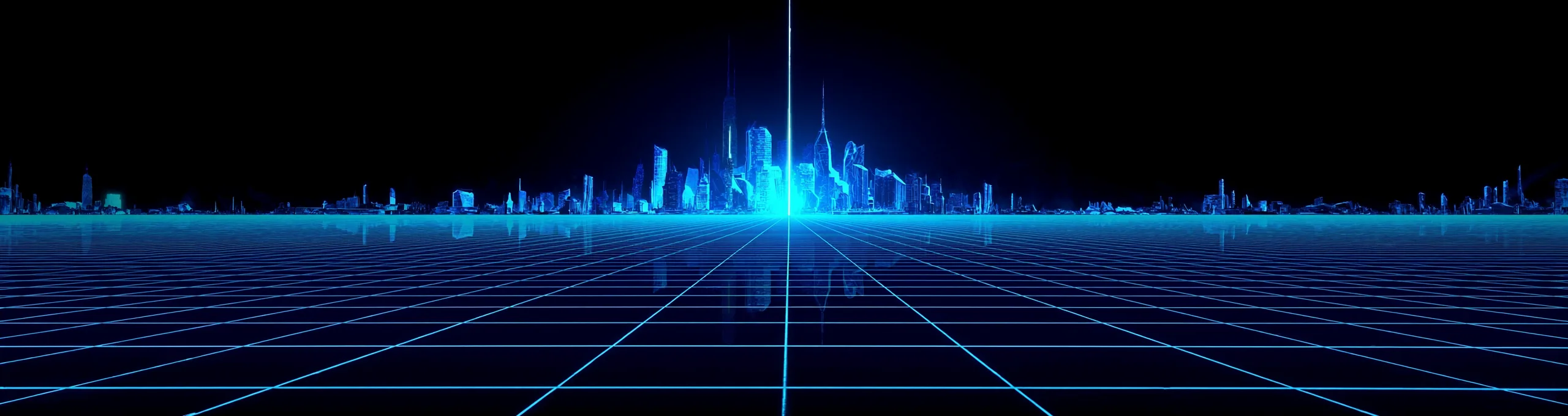 Futuristic city skyline over a glowing blue grid floor