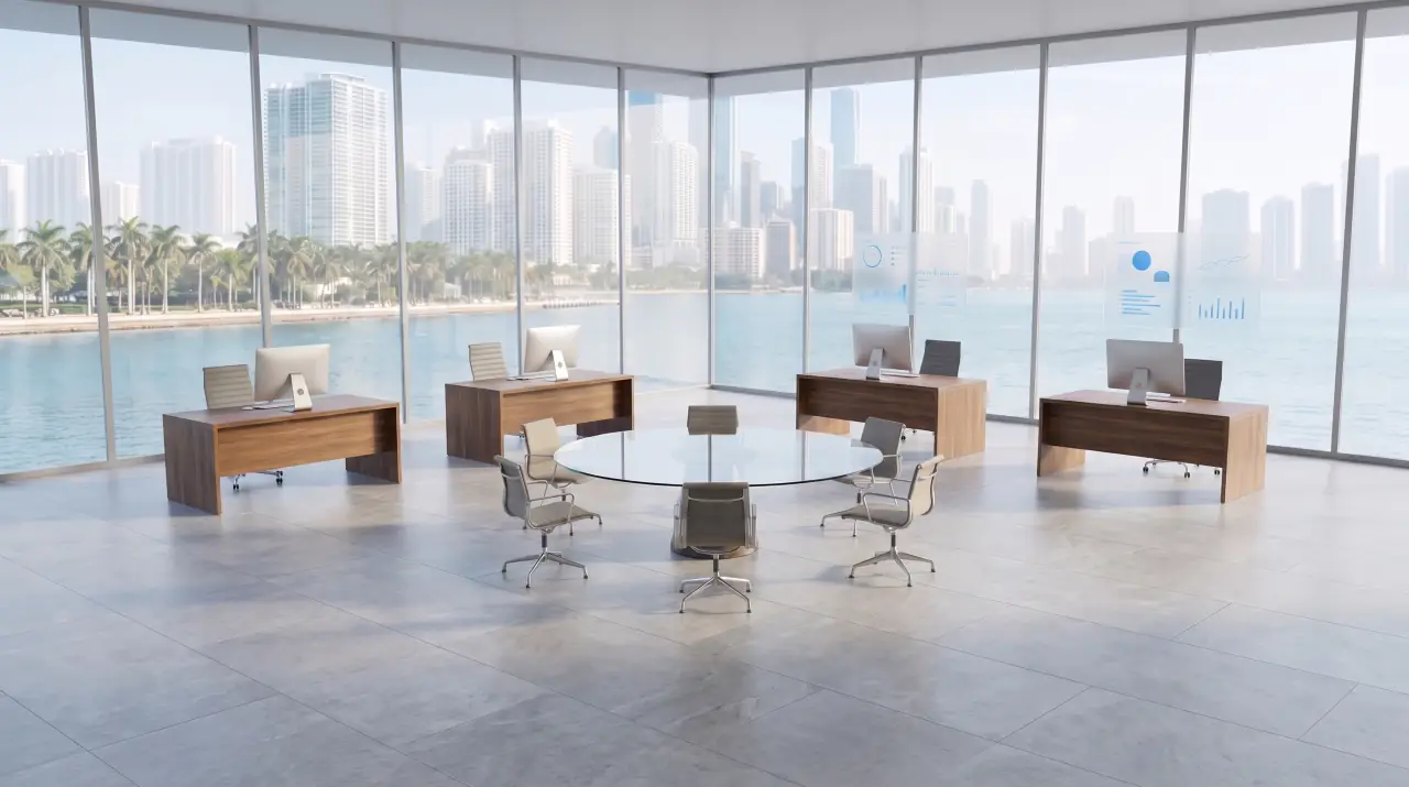 Illustrative Voxios office with a focused AI founding team working around a shared floor