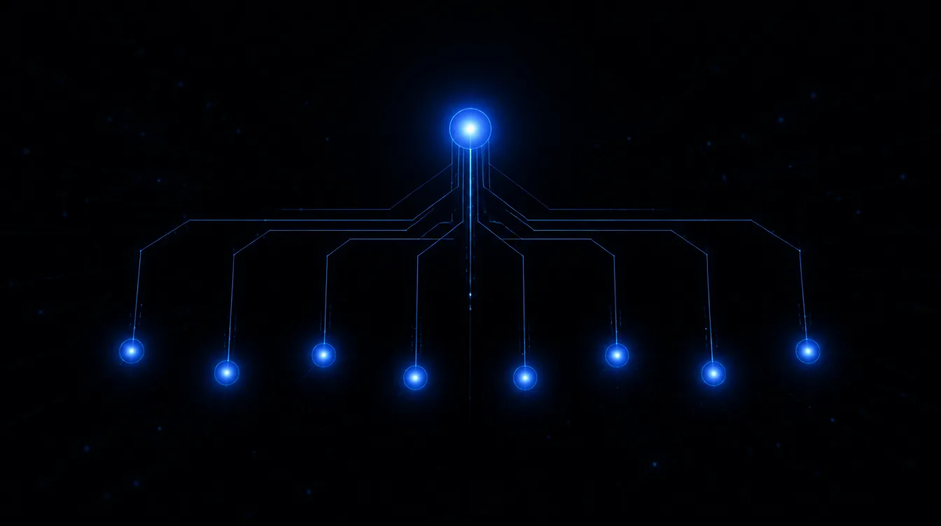 A constellation of glowing nodes — pulses of light travel along the org's reporting lines