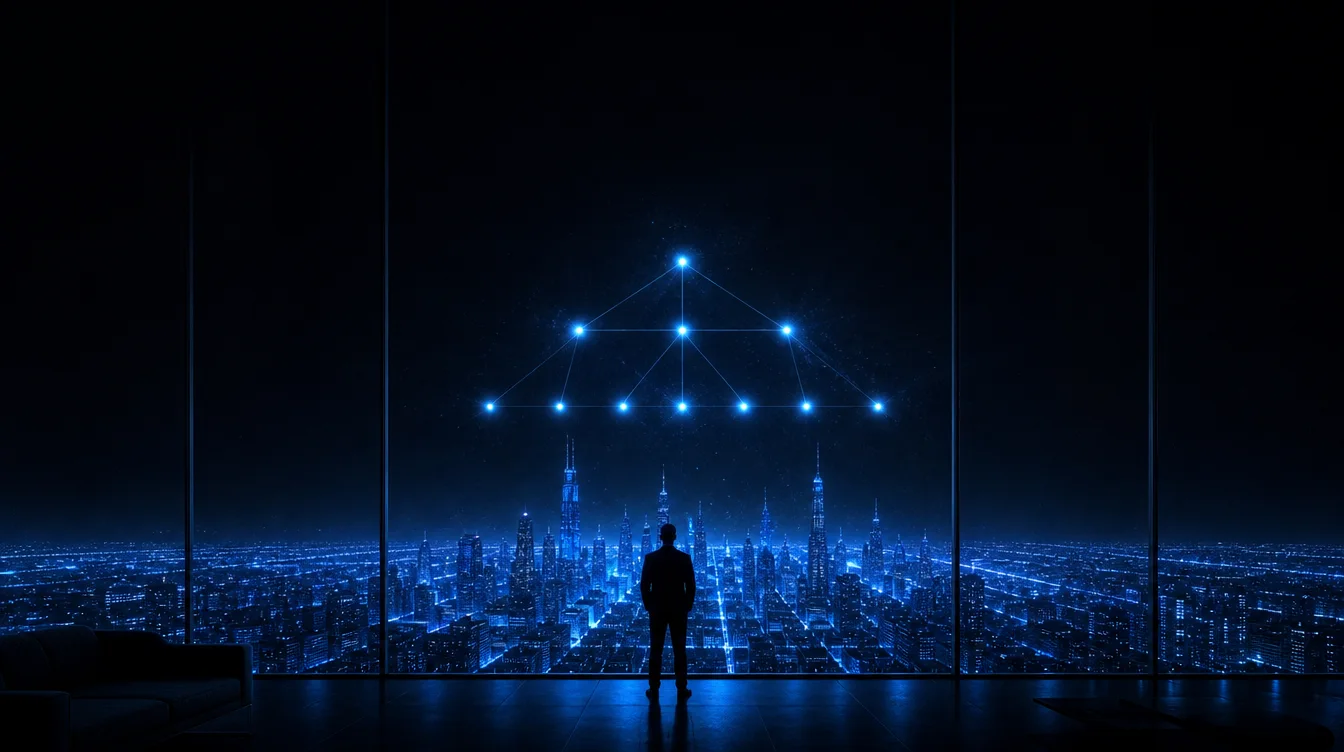 A lone figure before a window over a neon city, an org-chart constellation in the sky