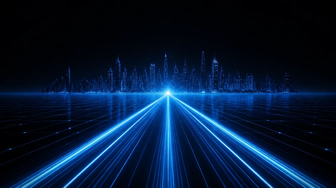 A glowing road running toward a neon city on the horizon